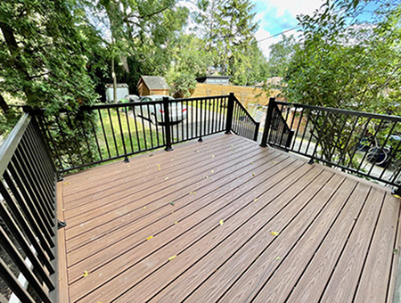 The photo demonstrates the look of a composite deck