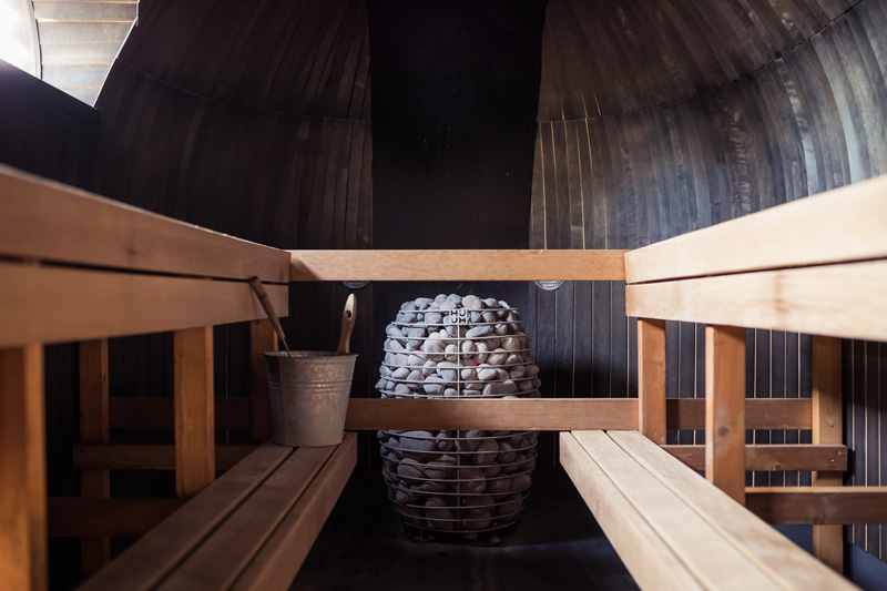 Wooden Benches and Sauna Stones