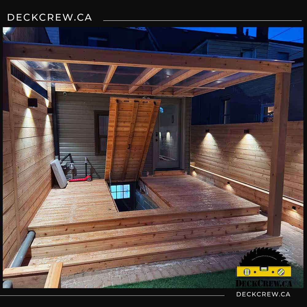 A wooden deck creates access to a basement 