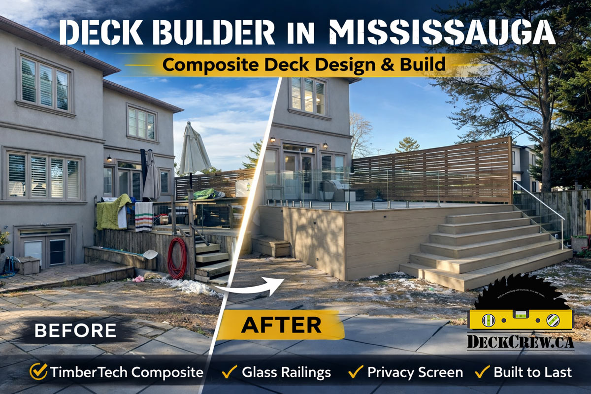 New composite deck built in Lakeview Mississauga with glass railings and wide stairs