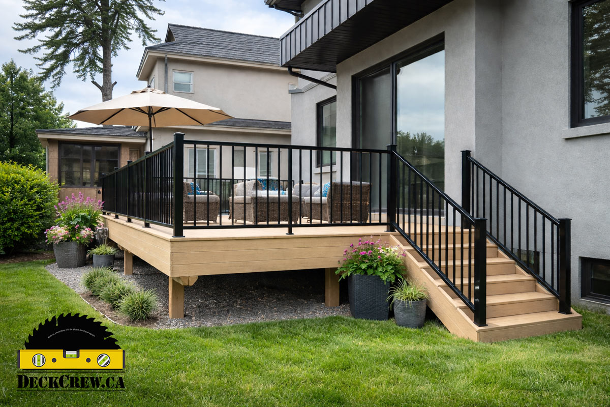 Composite deck with aluminum railings built in Etobicoke, Toronto