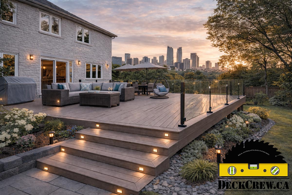Composite deck design with glass railings and integrated lighting, used as a visual example for DeckCrew’s Mississauga service area.