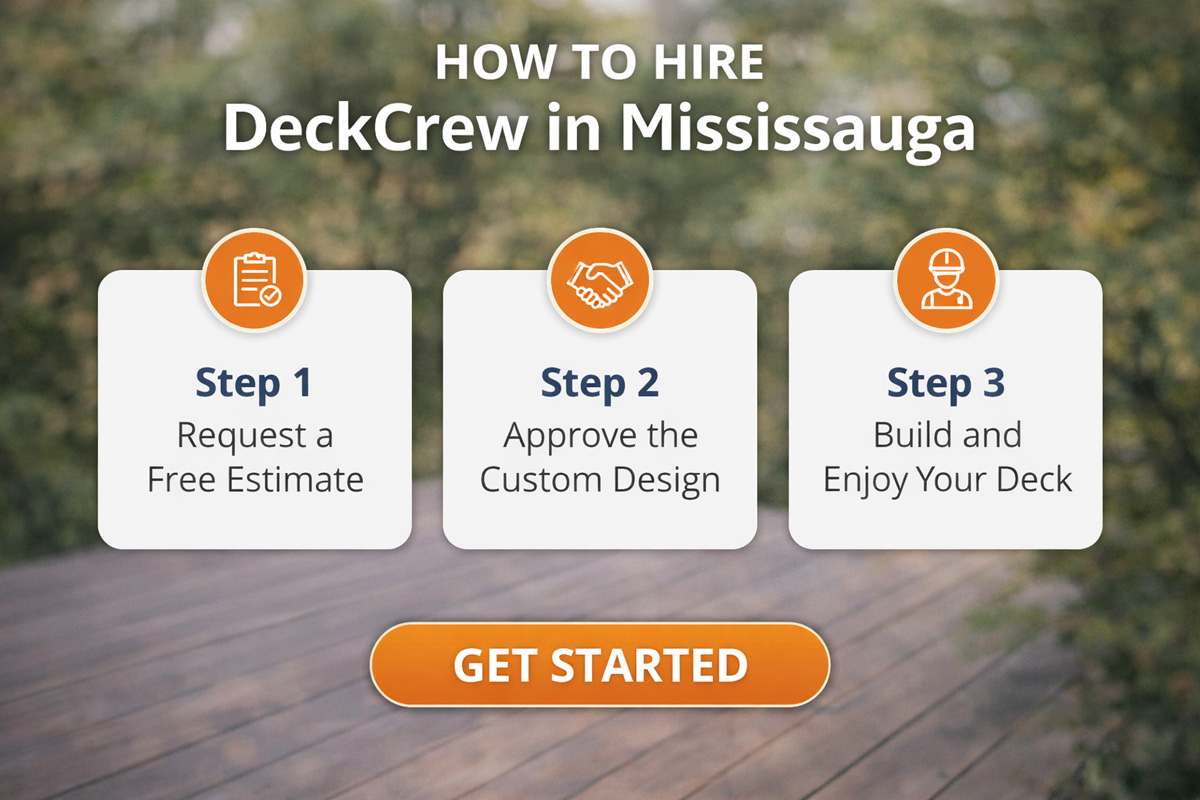 How to hire DeckCrew as a deck builder in Mississauga, showing the steps from consultation to completed deck.