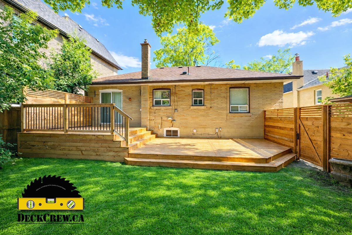Multi-level pressure-treated deck in North York with aluminum railings, privacy screens, and wood fencing