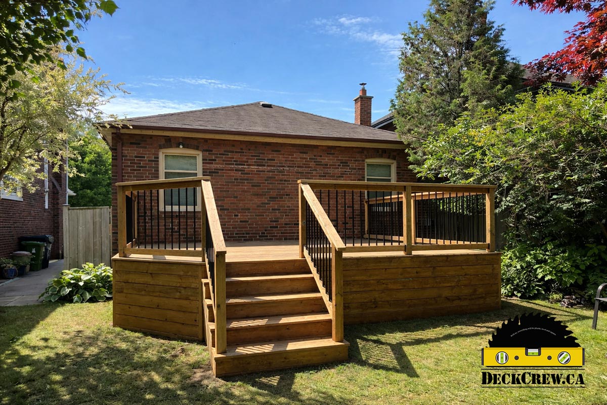 Pressure treated lumber deck with railings built in Etobicoke, Toronto