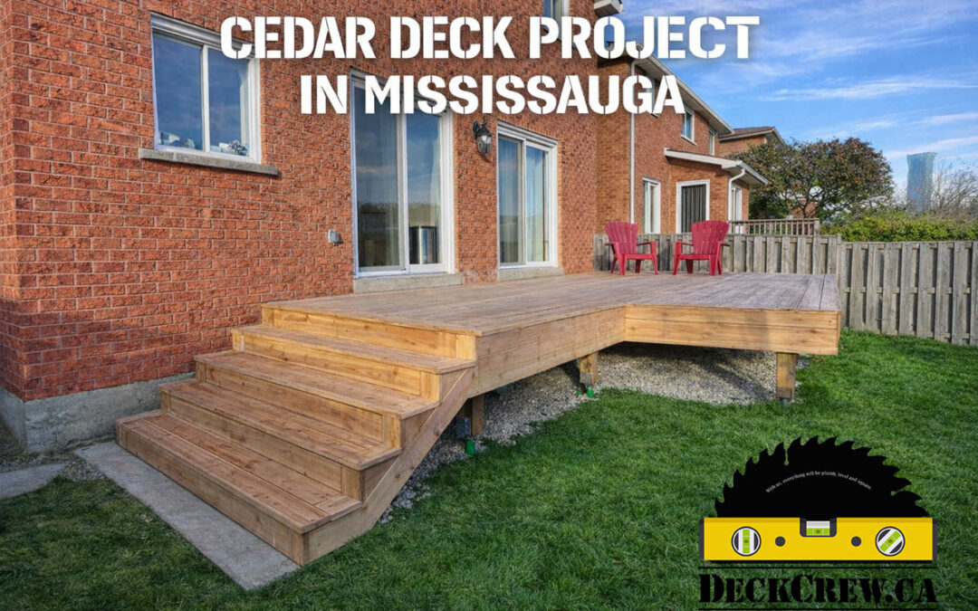 Custom cedar deck built in Mississauga by DeckCrew with helical pile footings and cedar stairs.