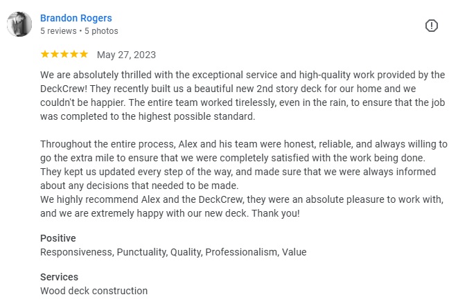 Five-star customer review for a second-storey wood deck built by DeckCrew in Mississauga