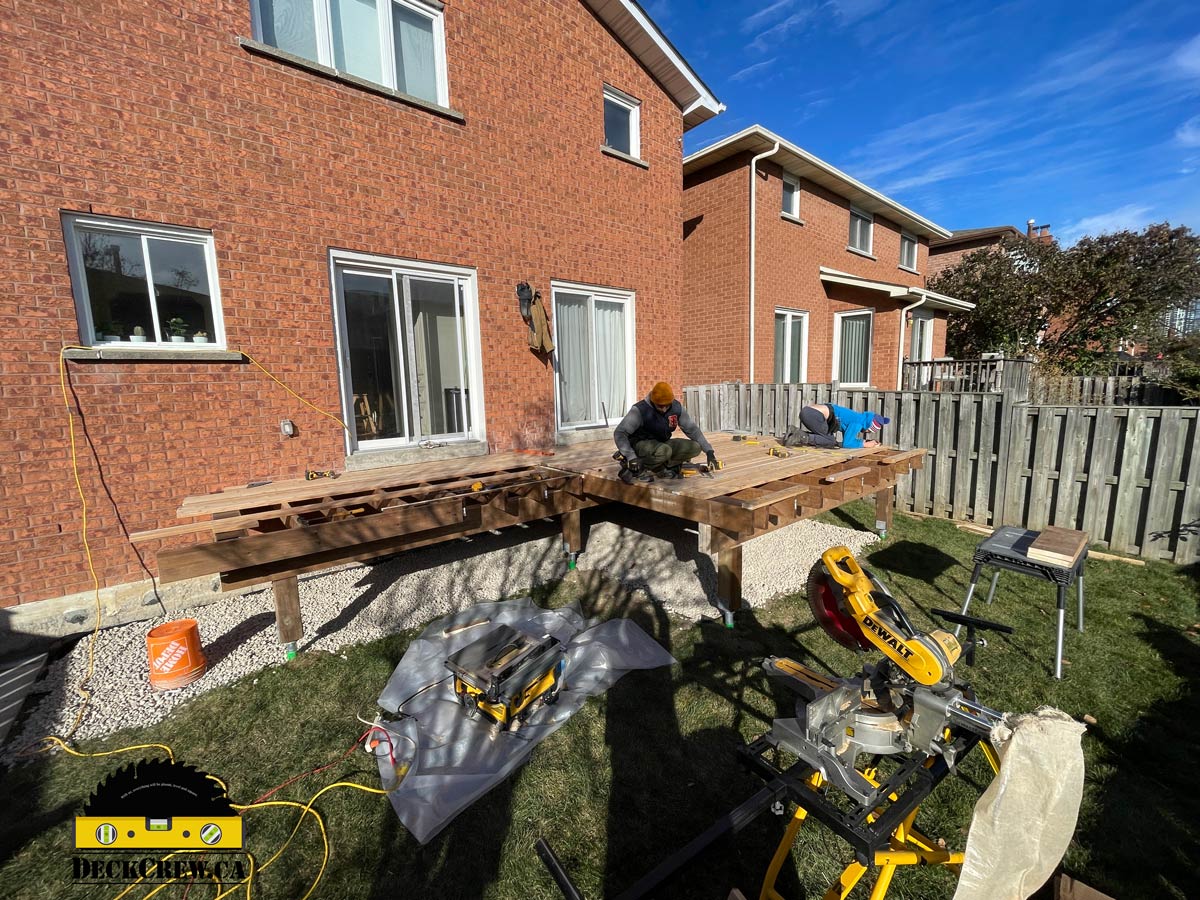 Pressure Treated Deck Framing Construction in Mississauga Pressure-treated deck framing under construction for a cedar deck project in Mississauga.