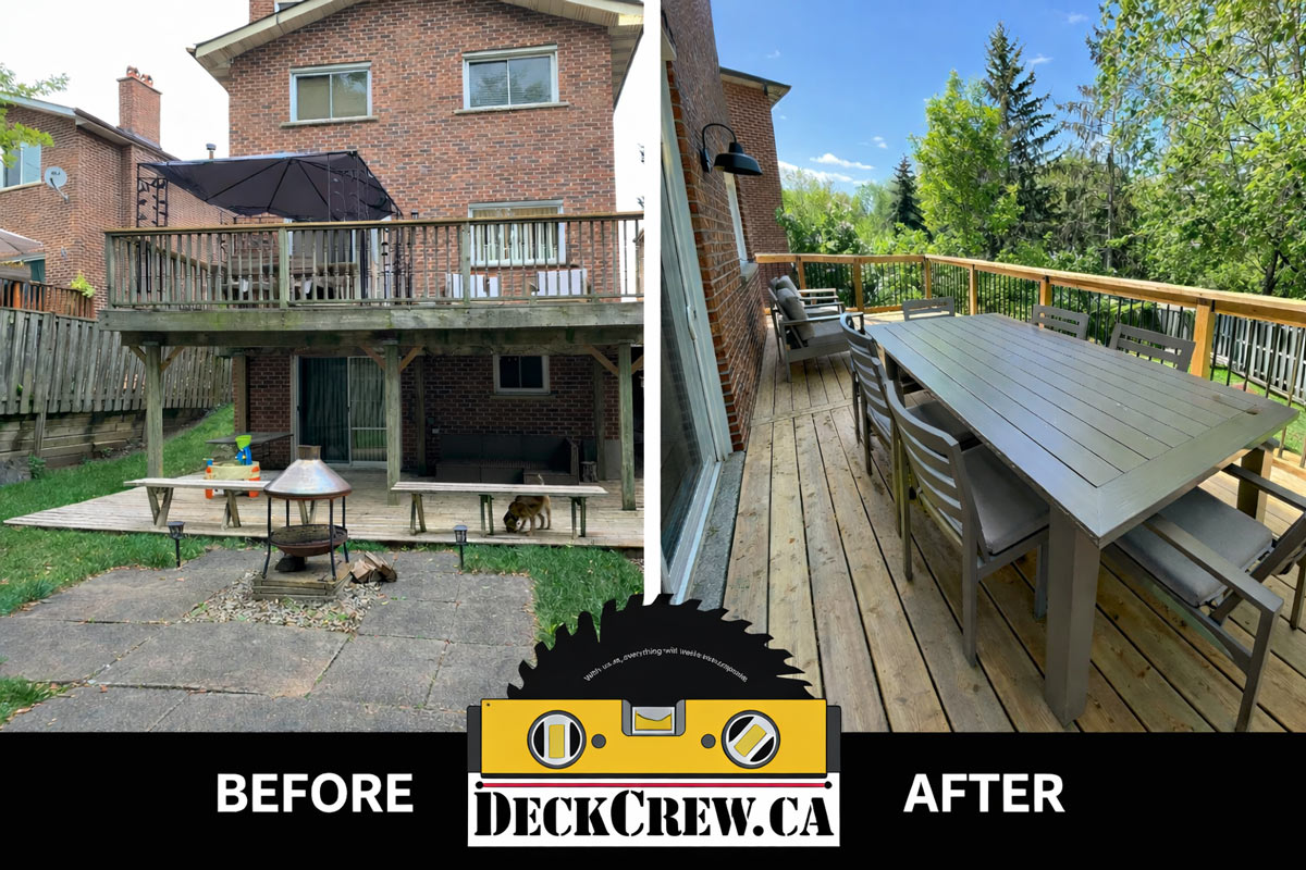 Before and after comparison of a second-storey deck renovation in Mississauga, showcasing a complete rebuild with new pressure-treated decking, aluminum balusters, and improved layout by DeckCrew.