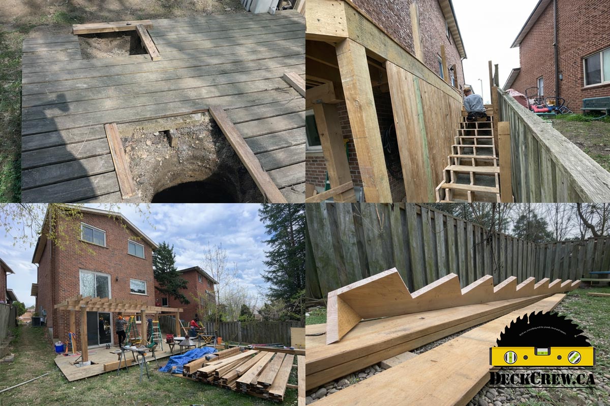Work in progress showing construction stages of a second-storey pressure-treated deck in Mississauga
