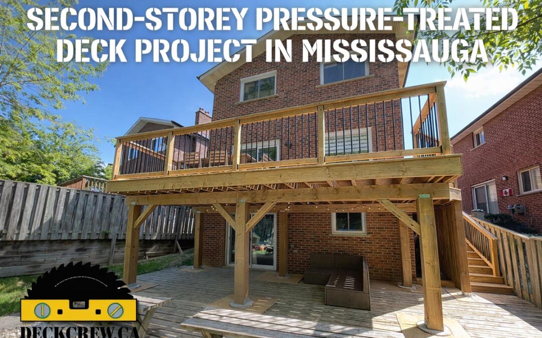 Second-storey pressure-treated deck with aluminum balusters in Mississauga