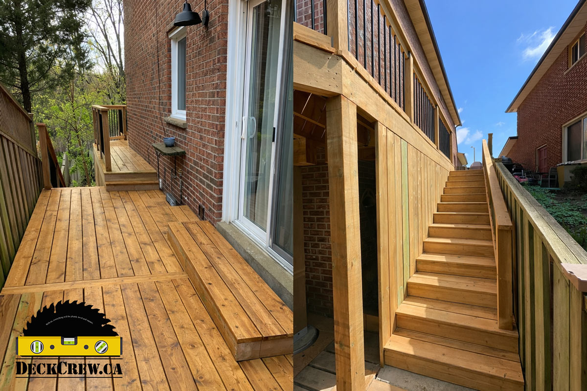 Second-storey pressure-treated wood deck with side platform and staircase leading to backyard in Mississauga