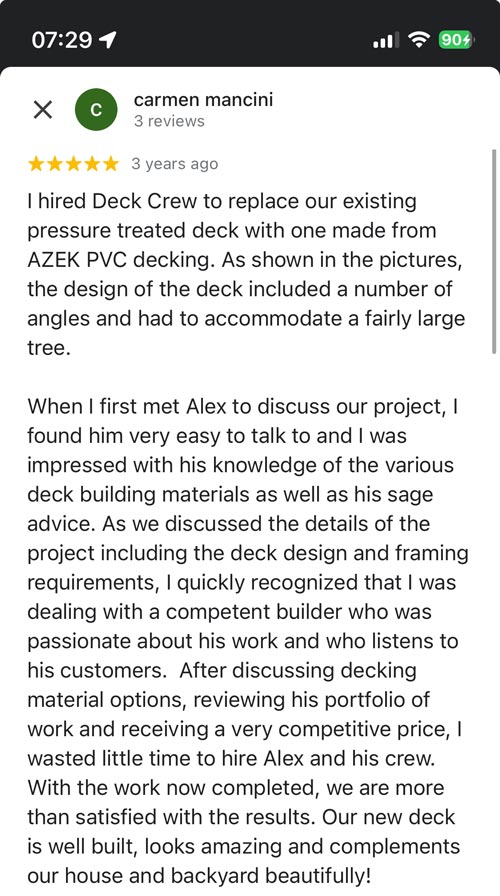 The photo showcases the positive review of the customer that received services of Deckcrew.ca